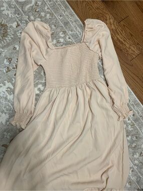 Smocked Bodice Long Sleeve Midi Dress